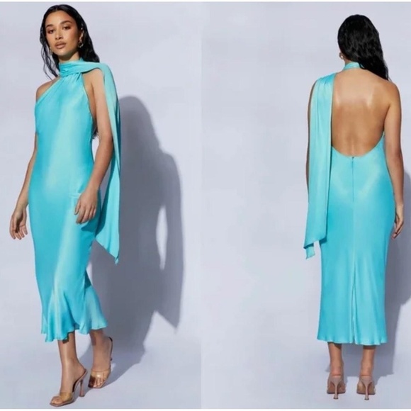 Meshki Dresses & Skirts - NWT Meshki Dress Womens Size M Turquoise Blue One-Shoulder Halter Midi Satin